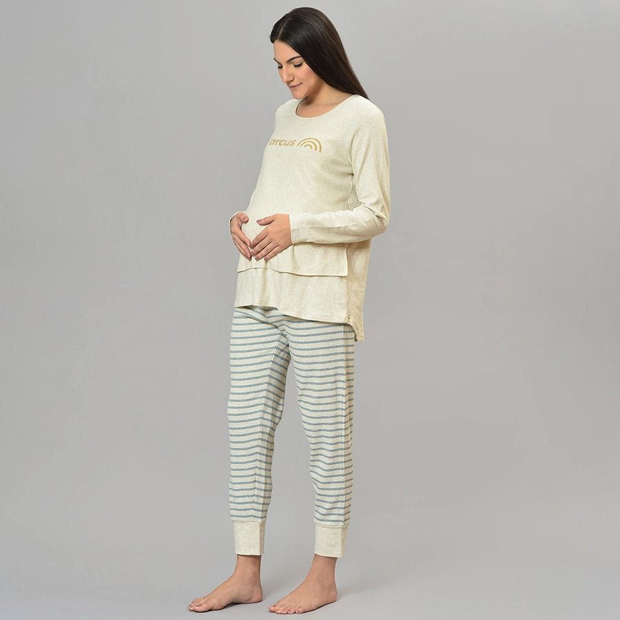 Misty Ecru Waffle Maternity Wear Knitted T-shirt & Pajama Set Clothing Set 1