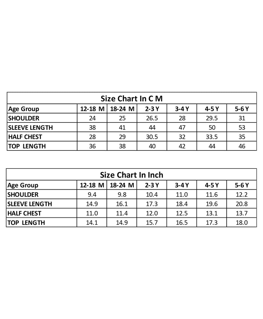 Size chart for clothing measurements in centimeters and inches.
