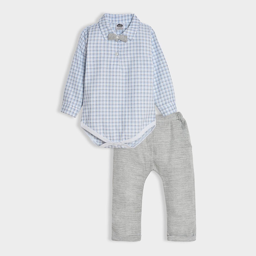 Bloom Woven Blue Check Shirt Style Romper and Grey Trouser Shirt & Trouser Set 1