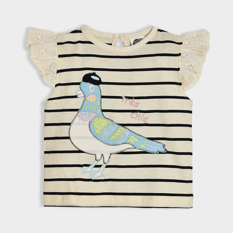 Bonjour Pigeon Pattern Striper Top Half Sleeve T-Shirt 2