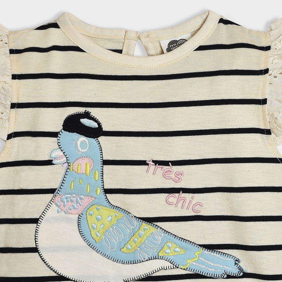 Bonjour Pigeon Pattern Striper Top Half Sleeve T-Shirt 4