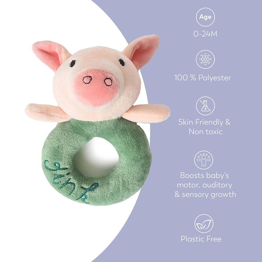 Farm Friends Pink & Green Oink Ring Rattle Toy Soft Toys 8