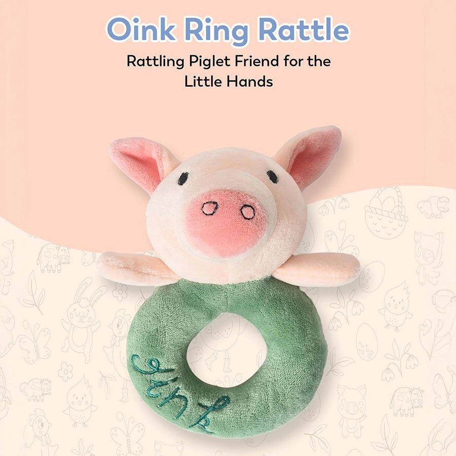 Farm Friends Pink & Green Oink Ring Rattle Toy Soft Toys 5