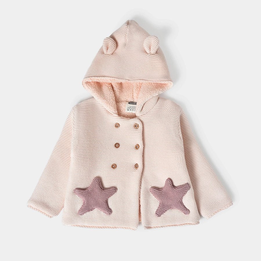 Misty Purl Knit Soft Pink Cardigan with Star Pocket Sweater Full Sleeves 2