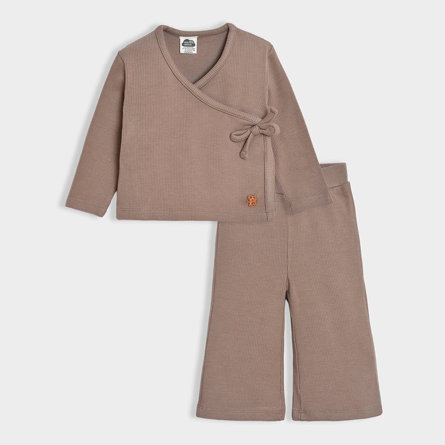 Neutral Love Cedar Brown Solid Co - Ord Set Wrapover T-Shirt - Pyjama Set 1