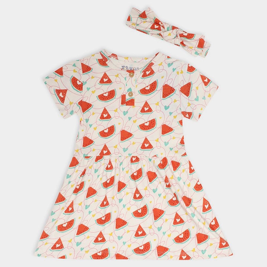 Watermelon Print Baby Girl Headband with Dress Set Frock - Shirt/T-Shirt Set 1