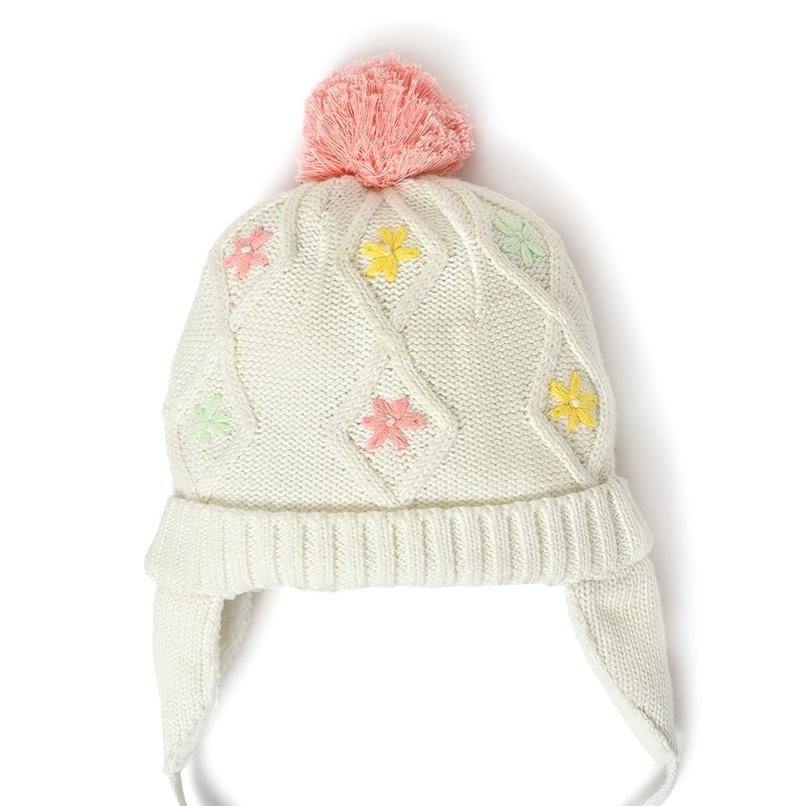 Farm Friends Knitted White Beanie Cap for Girls Cap 2