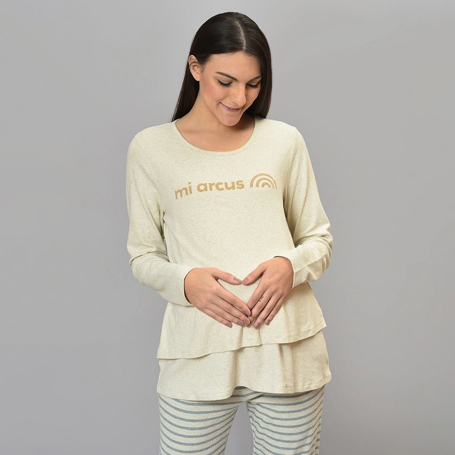 Misty Ecru Waffle Maternity Wear Knitted T-shirt & Pajama Set Clothing Set 2