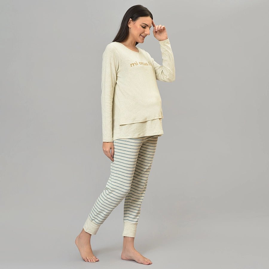 Misty Ecru Waffle Maternity Wear Knitted T-shirt & Pajama Set-Clothing Set-4