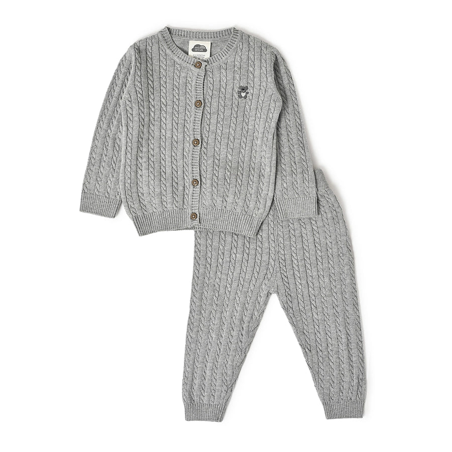 Misty Grey Knitted Cardigan with Pyjama Set-Clothing Set-3