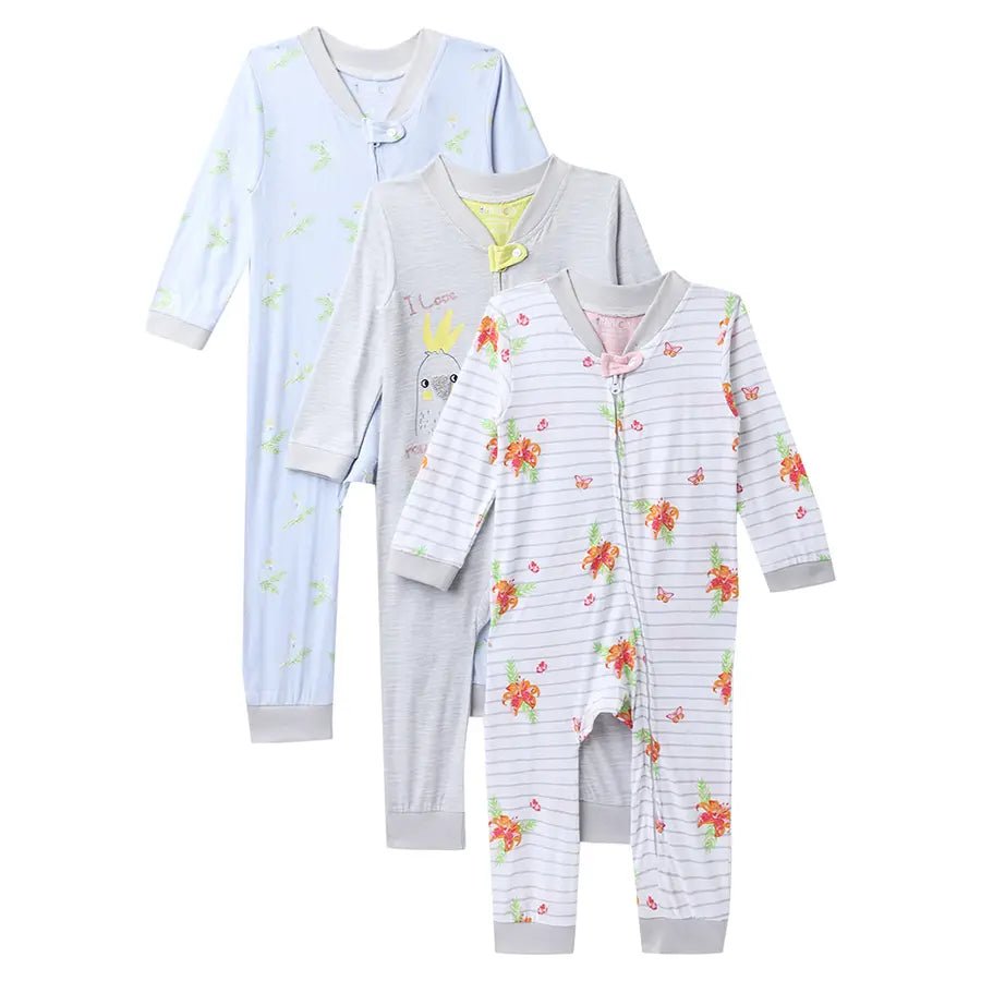 Unisex Floral Print Comfy Sleep Suit (Pack of 3)-Sleepsuit-1